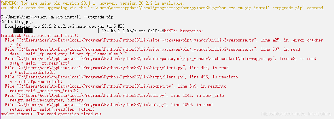 升级pip超时 Python -m Pip Install --upgrade Pip 报 Socket.timeout: The Read ...