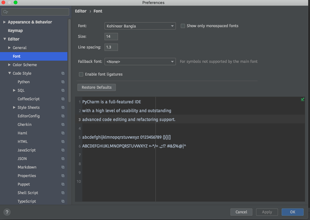 mac版pycharm的字体和行间距设置_其它