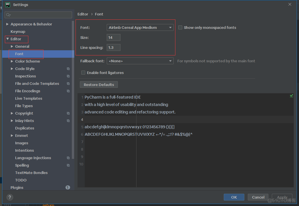PyCharm软件代码配色和字体设置_字体设置_03