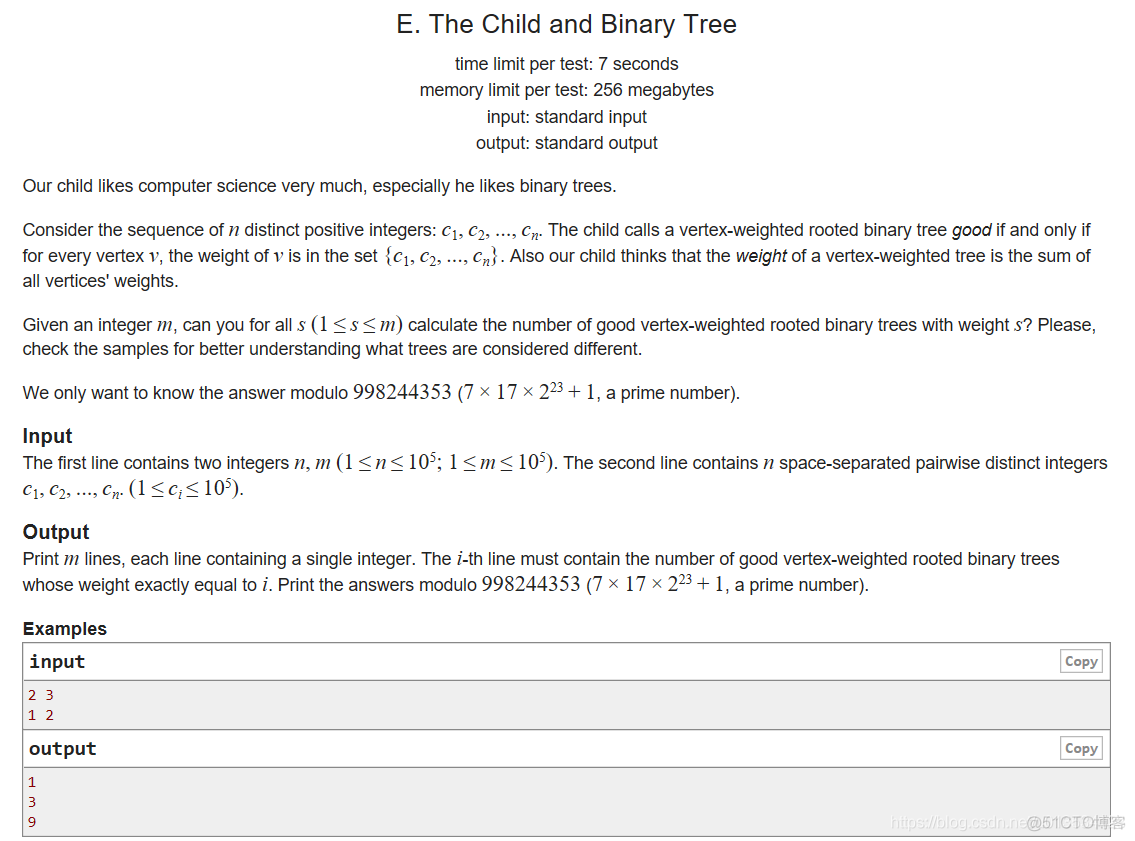 CodeForces 438E The Child and Binary Tree（DP + 生成函数 + 多项式模运算）_多项式开根