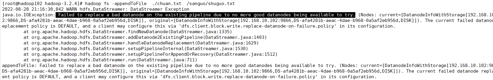 Failed to replace a bad datanode on the existing pipeline due to no more good datanodes being avail_hadoop