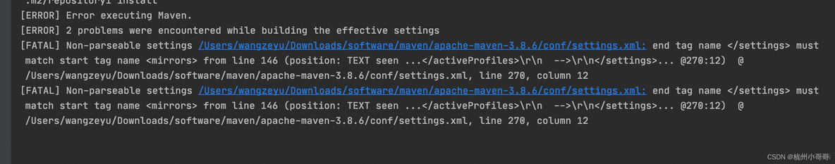 [ERROR] Error executing Maven.[ERROR] 2 problems were encountered while building the effective sett_maven