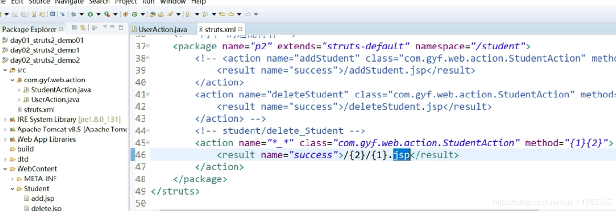 Java三大框架SSH_002_02之Struts2：配置文件action元素-默认的动作类、default-class-ref、配置文件Action元素-通配符_配置文件_43