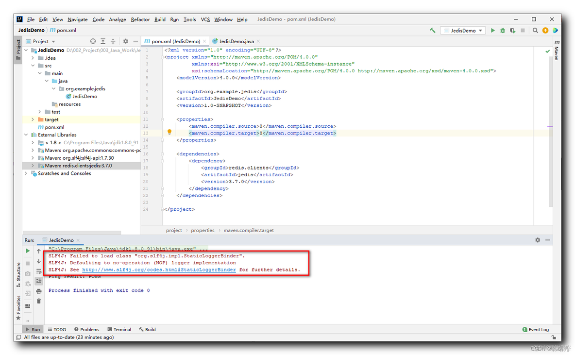 【错误记录】使用 Jedis 操作 Redis 数据库报错 ( SLF4J: Failed to load class “org.slf4j.impl.StaticLoggerBinder“. )_Jedis
