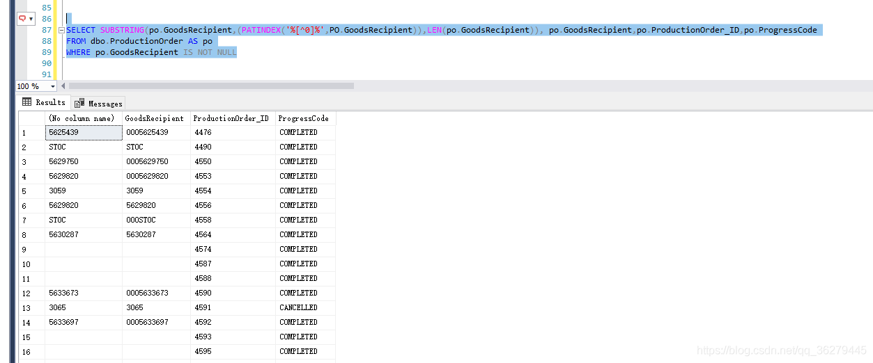 SQL Server 去除字段中的前导 0_数据