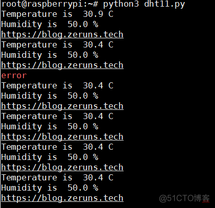 树莓派Python读取DHT11温湿度数据_嵌入式