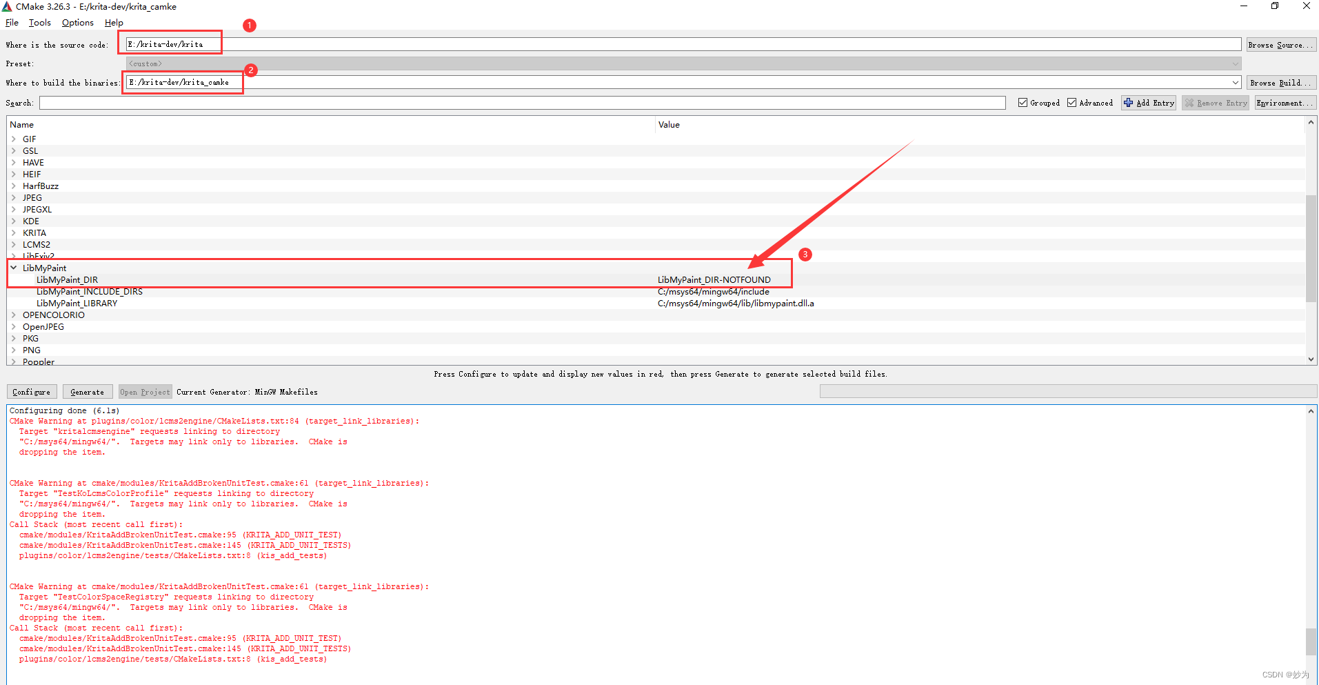 我在windows10下，使用CMake gui 编译krita源码，CMake gui报错：LibMyPaint_DIR-NOTFOUND_libmypaint