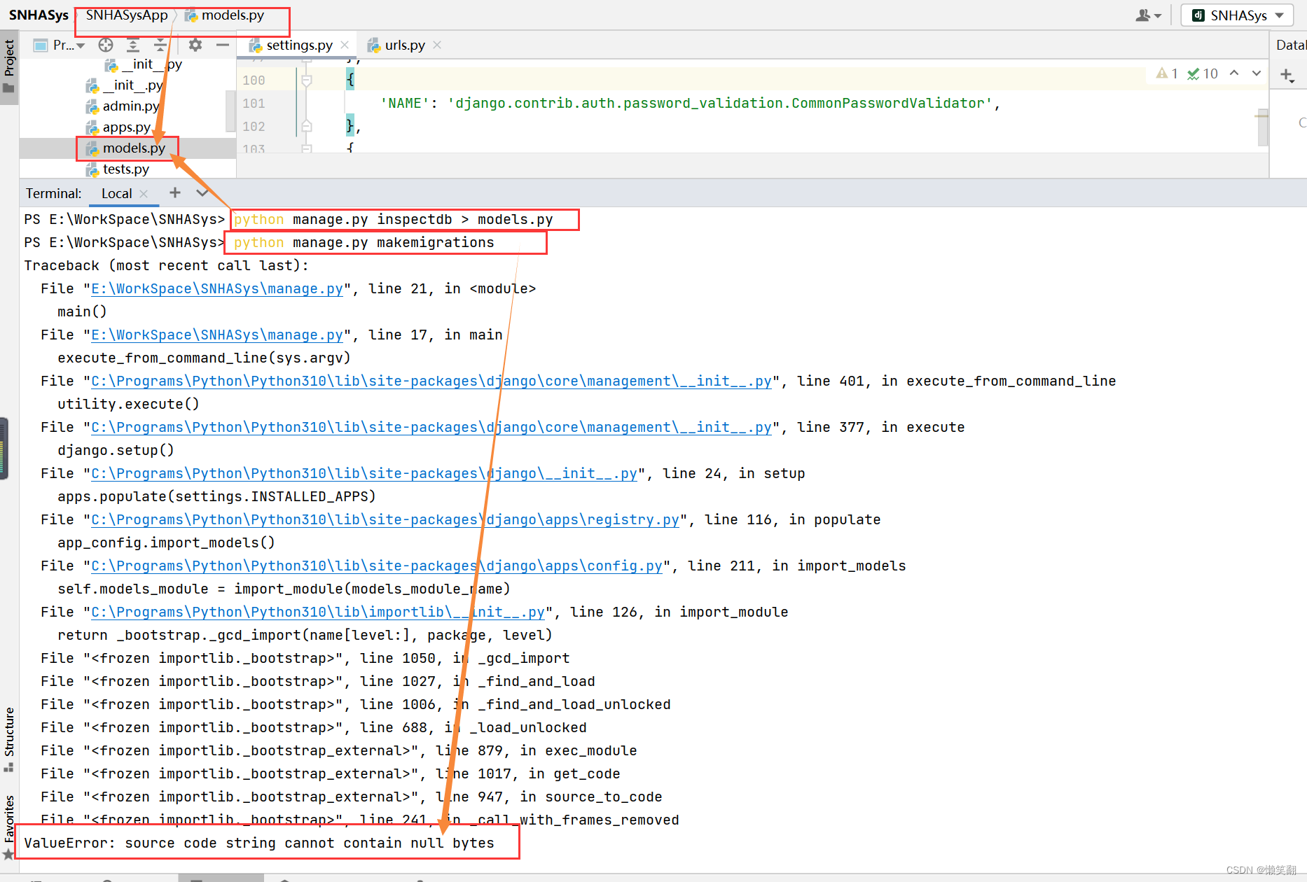 python manage.py makemigrations ValueError: source code string cannot contain null bytes_Python