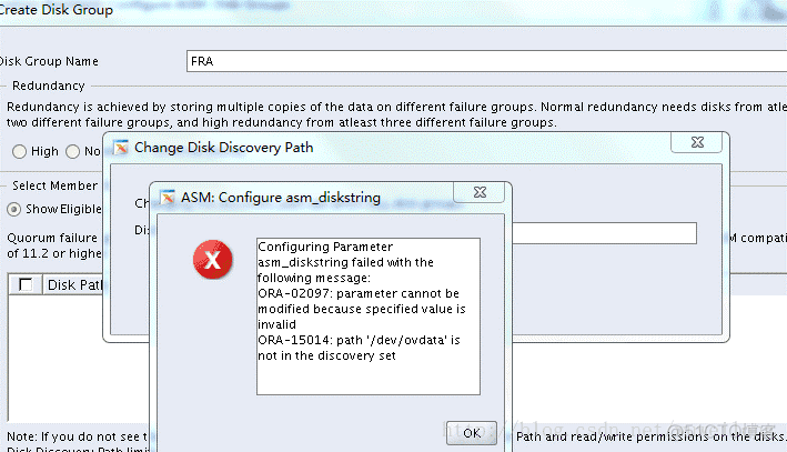 添加ASM磁盘报错ORA-02097和ORA-15014_报错信息