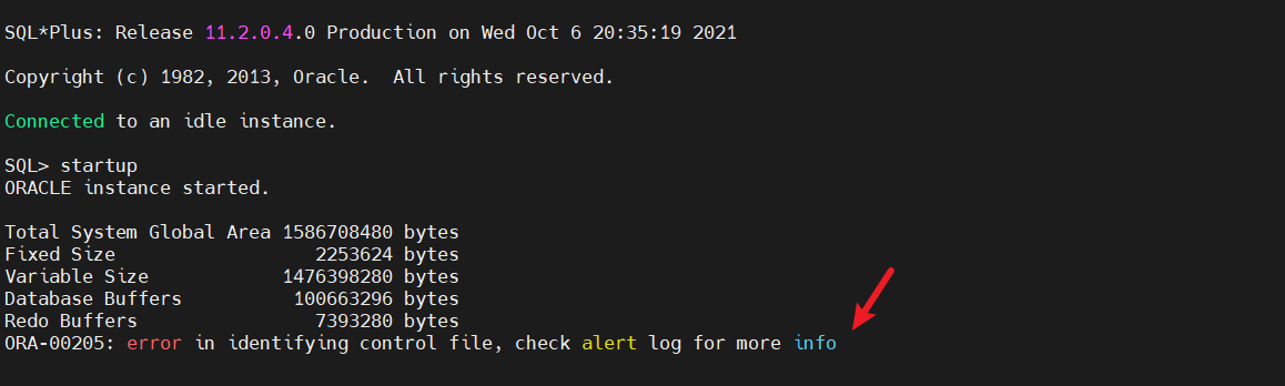 ORA-00205：识别控制文件时出错，有关详细信息，请查看警报日志_ORA-00205