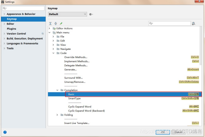 File->Settings->keymap->Main menu->code->Completion->Basic