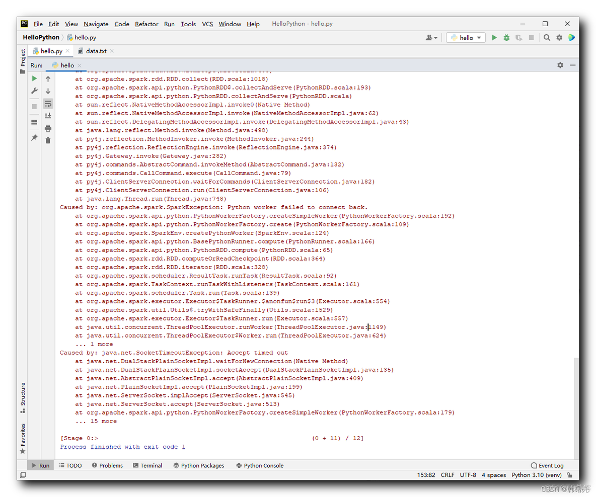【错误记录】Python 中使用 PySpark 数据计算报错 ( SparkException: Python worker failed to connect back. )_原力计划_02