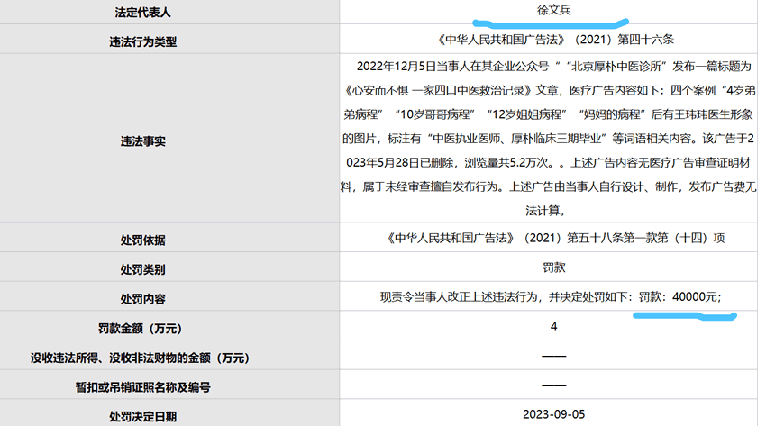 中医大咖徐文兵违反广告法被罚4万_广告法