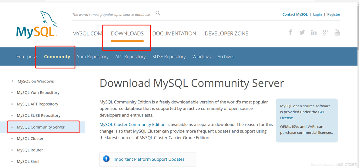 进入下载地址后  DOWNLOADS--->Community--->MySQL Community Server  然后往下面翻得到下图