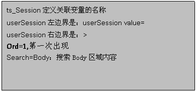 文本框: ts_Session定义关联变量的名称
userSession左边界是：userSession value=
userSession右边界是：>
Ord=1,第一次出现
Search=Body：搜索Body区域内容
