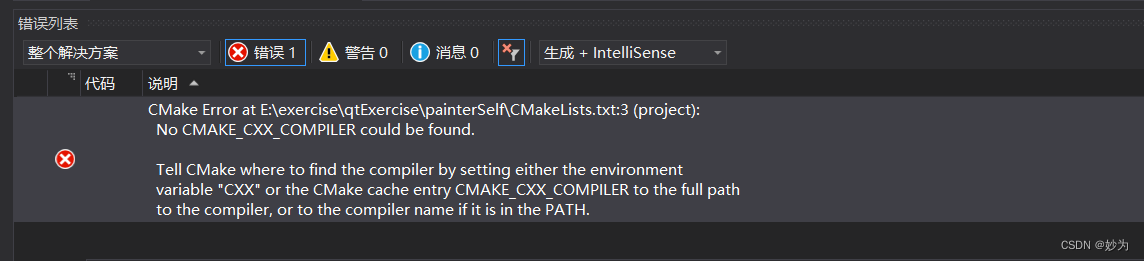 CMake Error at XXXCMakeLists.txt:3 (project): No CMAKE_CXX_COMPILER could be found. Tell CMake whe_CMAKE_CXX_COMPI