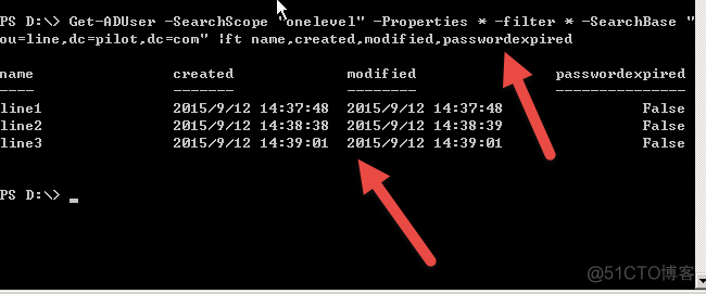 计算机生成了可选文字:
PSD:\>
。et一。D。二e，一se。，。hsc。pe气ne,e。e,，一P，。pe,，、e二
补一filter补一gearchBa,e
ou=line,dc=Pilot,dc=co。”:ftnane,created,nodified,pass讨ordexpi护ed
name
created
nodifled
pass讨。护dexPi护ed
linel
lineZ
11ne3
2日15/9/1214:3?:482日15/,/1214:37:
2日15/9/1214:38:382日15/,/1214:38:
2日15/9/1214:39：日12日15/9/1214:39:
Fa1Se
Fa1Se
Fal,e
PSI):\＞二