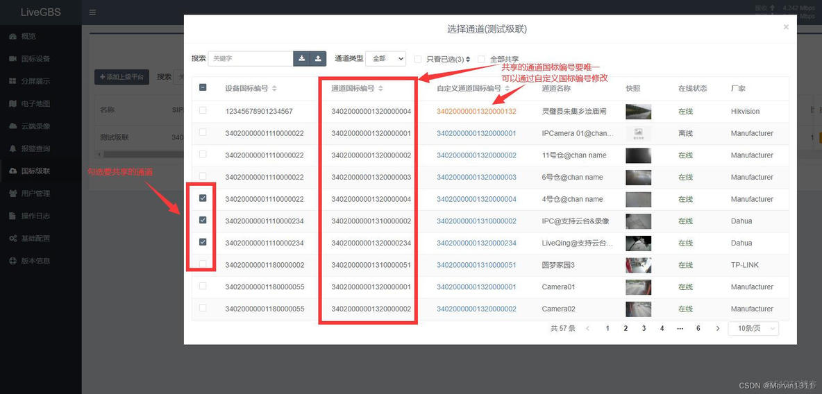 LiveGBS流媒体平台GB/T28181用户手册-国标级联:添加上级平台、选择通道、推送通道级联会话、搜索、删除_目录订阅通道推送_07