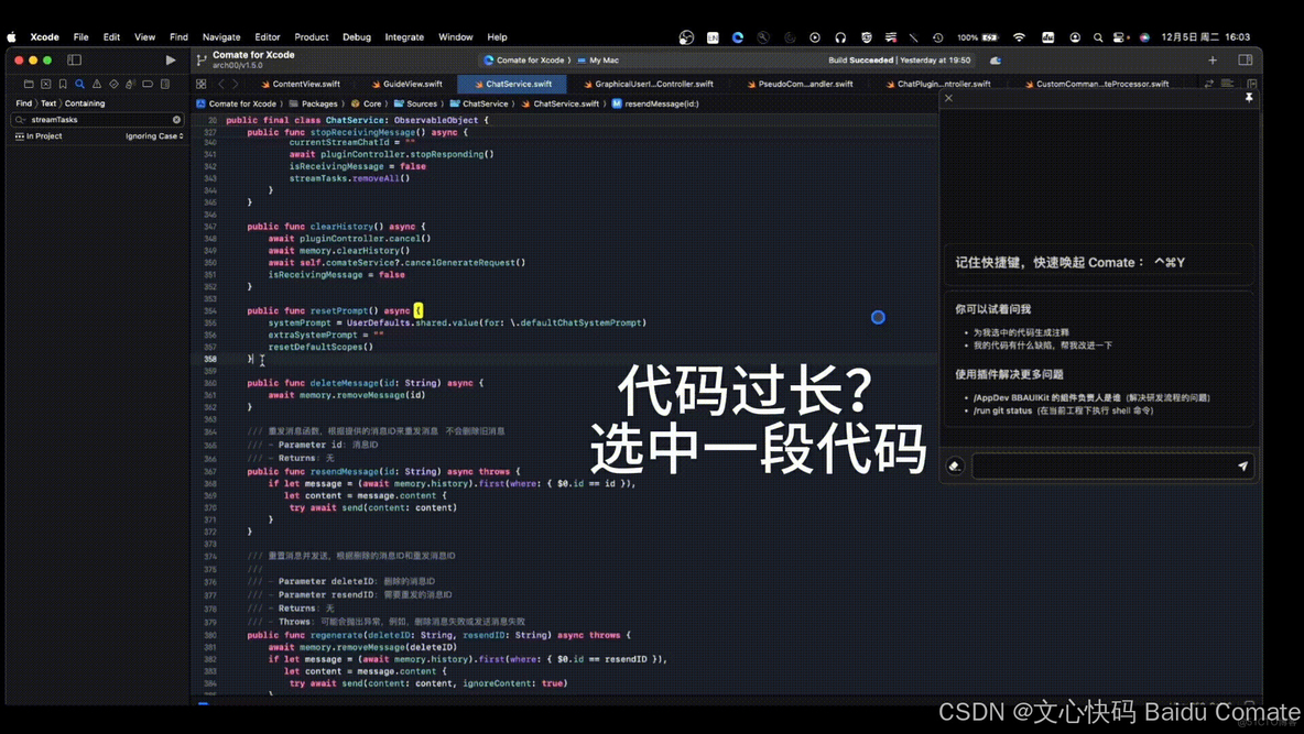 文心快码 Baidu Comate适配Xcode平台！_官网_05