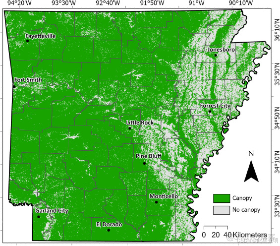阿肯色州的高分辨率（一米）森林树冠覆盖率（FCC）数据_覆盖度