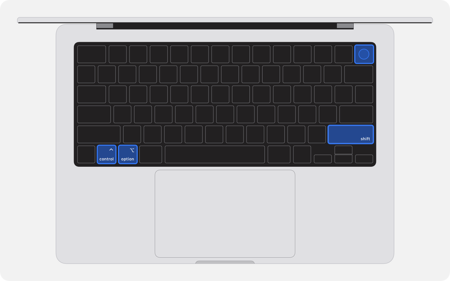 MacBook Pro 键盘，显示了要按的四个按键