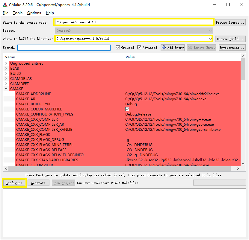 Windows10 64环境下用Qt5.12.12自带的mingw730_64构建编译OpenCV4.1.0时cmake-3.20.6中的参数配置_动态链接库