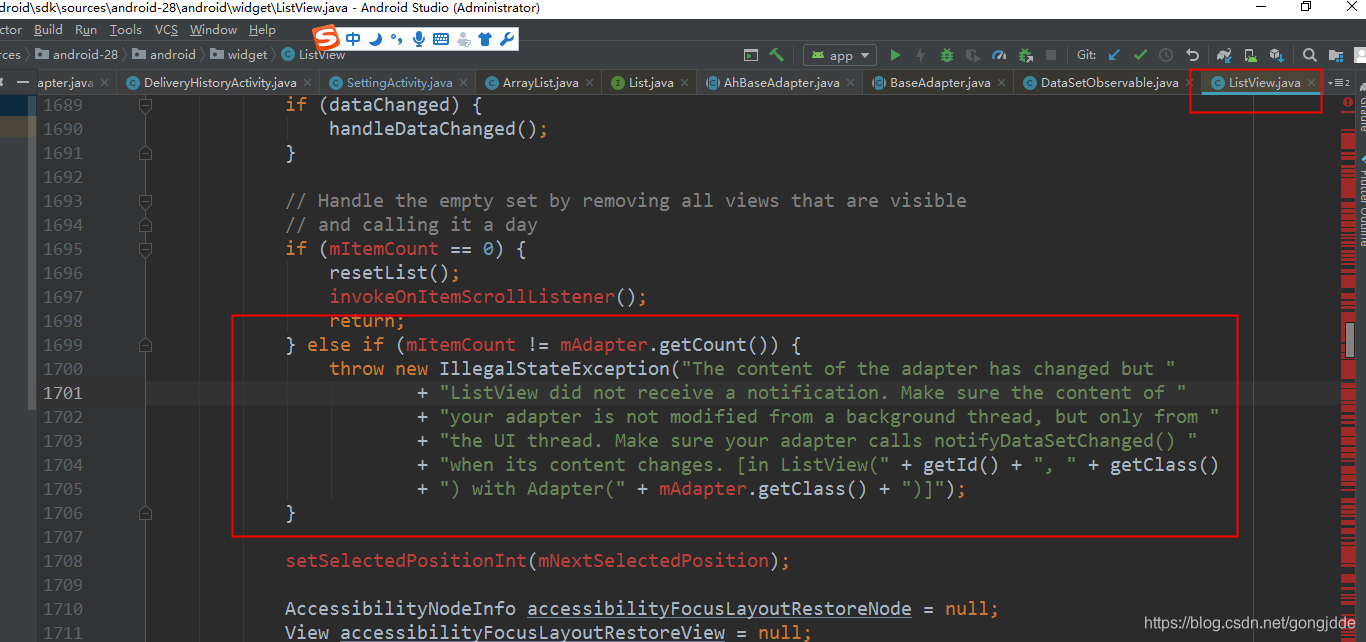 ArrayList中数据放在adapter.setData中出现The content of the adapter has changed but ListView did not receive_adapter 通知和数据不一致