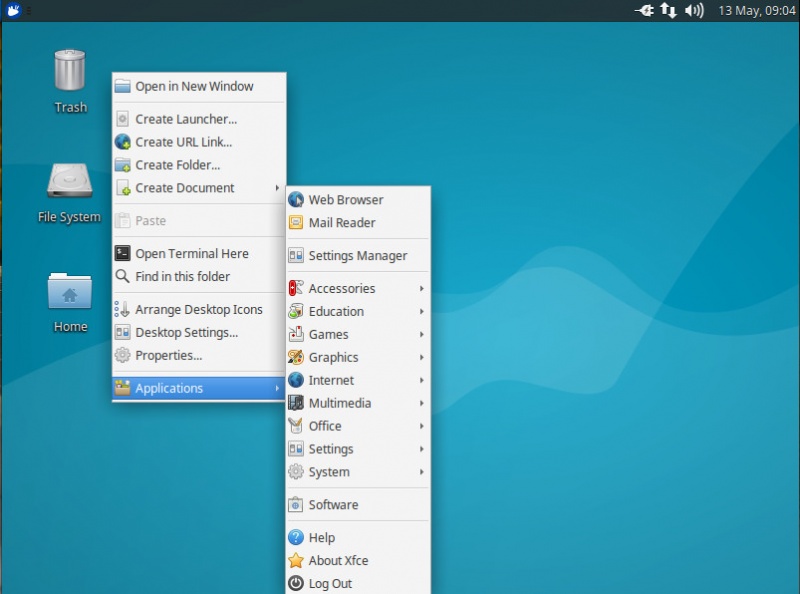 图 6：Xubuntu 可以通过右键点击桌面的任何地方来打开“开始”菜单。