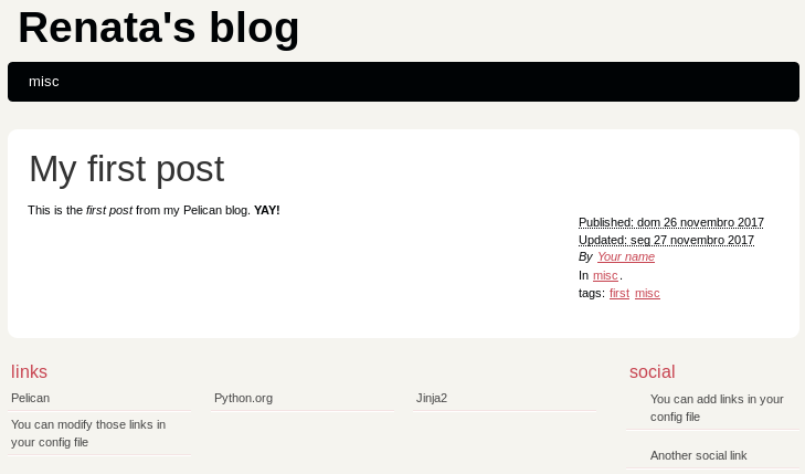 博客主页的截图。它有一个带有 Renata's blog 标题的头部，***篇博文在左边，文章的信息在右边，链接和社交在底部