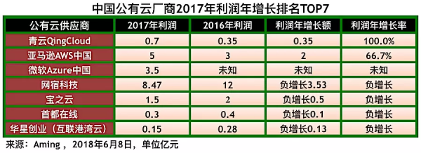 中国公有云厂商2017年收入利润综合排名5