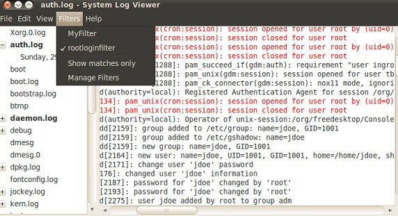 System Log View 屏幕截图，显示 root 登录事件过滤的消息