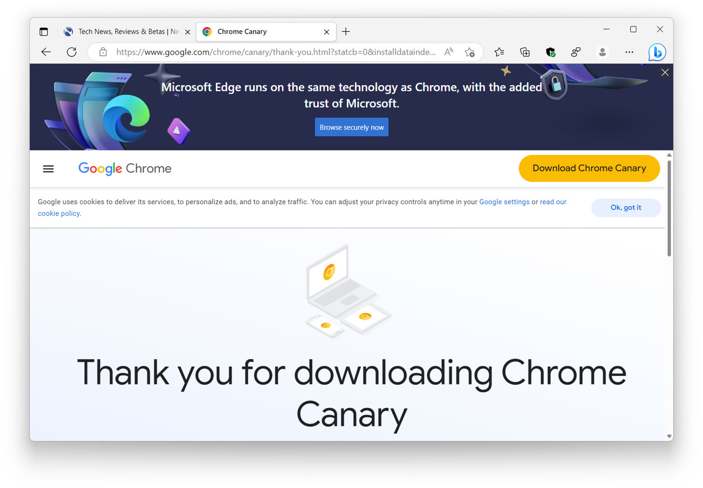 A full-size ad Microsoft places in Edge when you try to download Chrome
