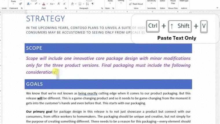 微软 Office Word 测试“仅粘贴文本”快捷键：Ctrl + Shift + V