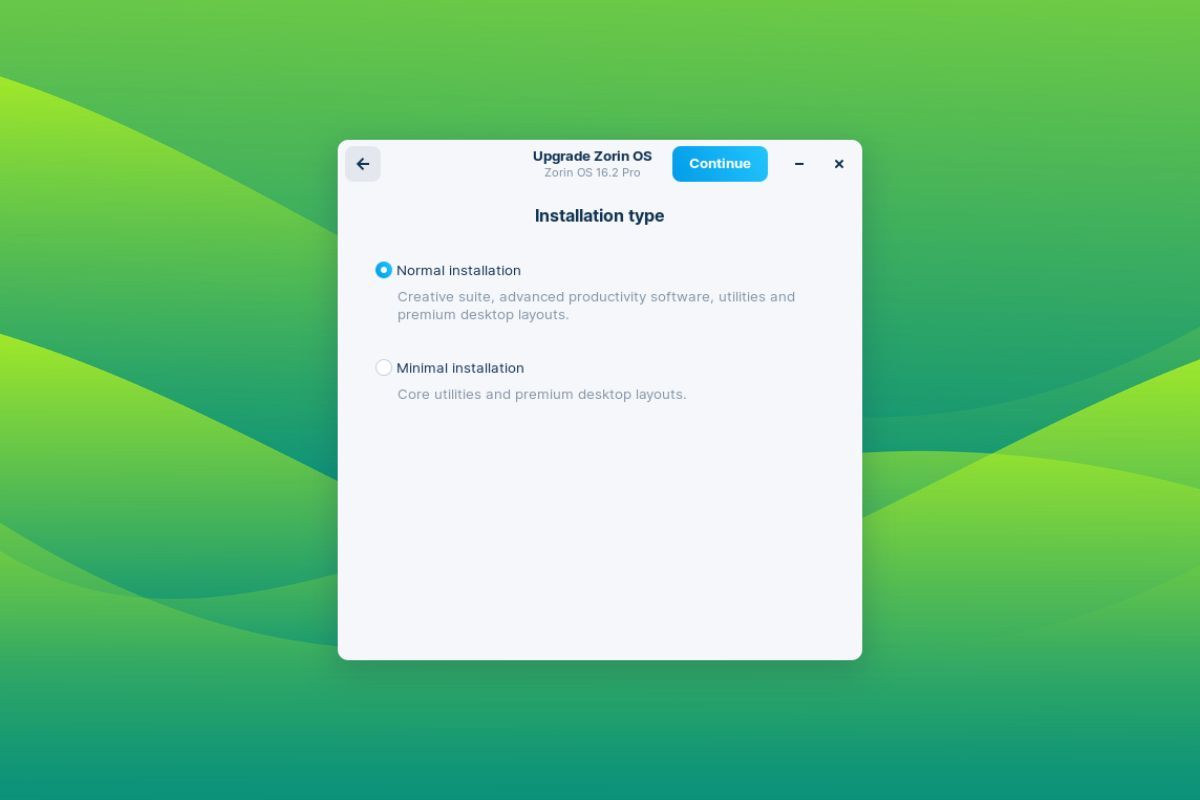 a screenshot of the zorin os updater's installation type selection screen