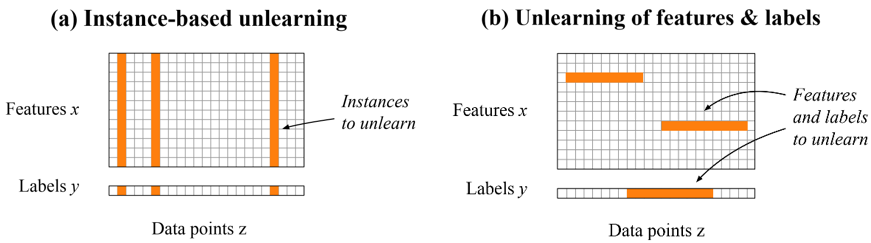 图1（a）基于实例的数据遗忘和（b）基于特征和标签的数据遗忘